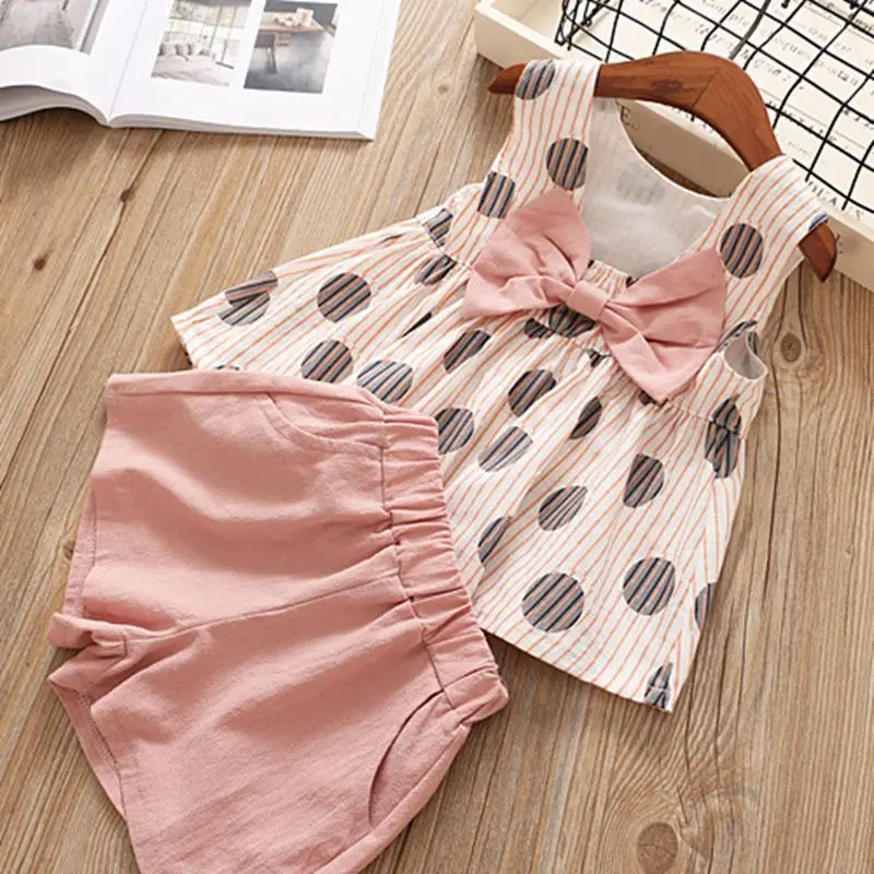 

Summer New Grils Clothes Korean Dot Girl Big Bow T-shirt+ Shorts Children Clothing Set Kids Girls Clothes Suit