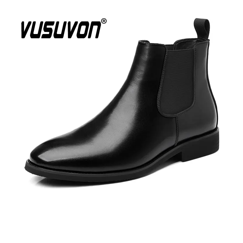 Men Chelsea Boots Split Leather / Fur Winter Party Fashion Dress Shoes Comfortable Black Safety For Winter Ankle Flats