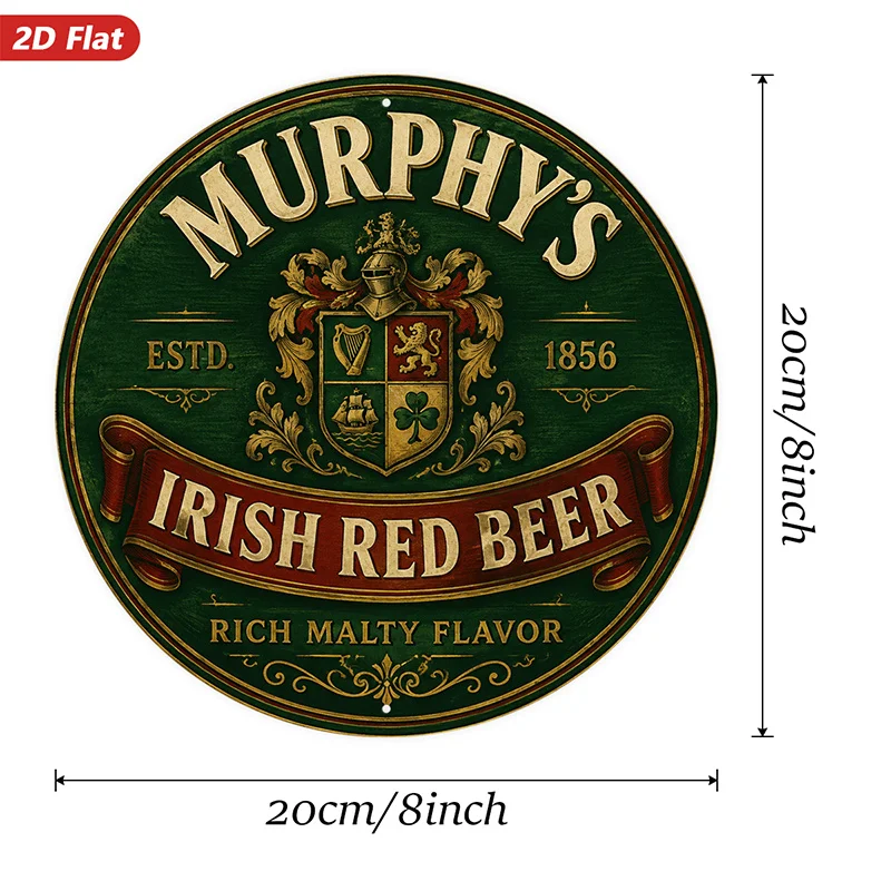 2D Flat, 1pc Irish Pub Crest Round Metal Sign Wall Art, Home Decor, Murphy's Irish Red Beer Text, Ornate Heraldic Shield, Golden