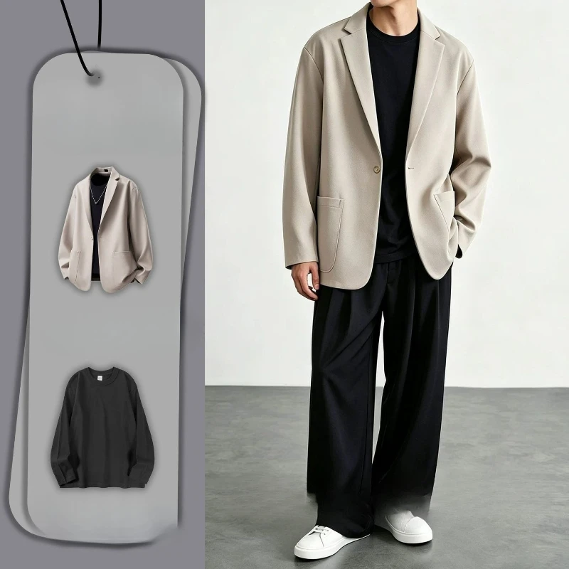 Men's Apricot Suit Set Loose Fit Casual Draping Blazer Vintage Chic High End Streetwear Fashion Outfit Spring Autumn New