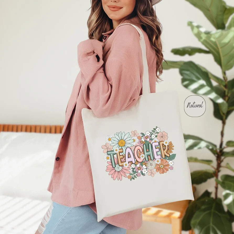 

Wildflower Teacher Handbag Canvas Handbag Aesthetic Cartoon Shoulder Bag Lightweight Foldable Shopping Bag Printed Student