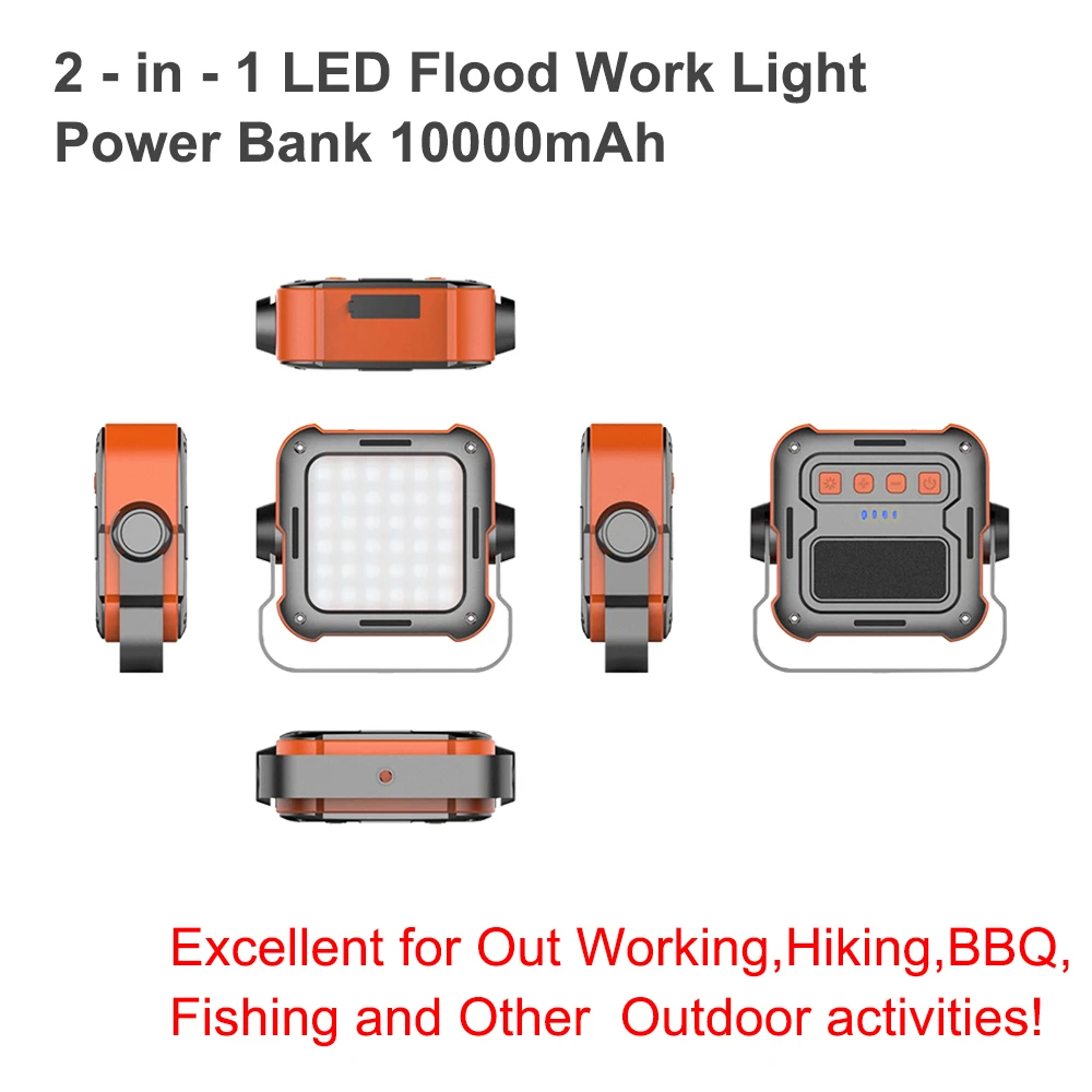 Portable LED Light Power Bank for Camping, Work, Car Repairing Outages 10000mAh Adjustable Rechargeable Waterproof Flood Lantern