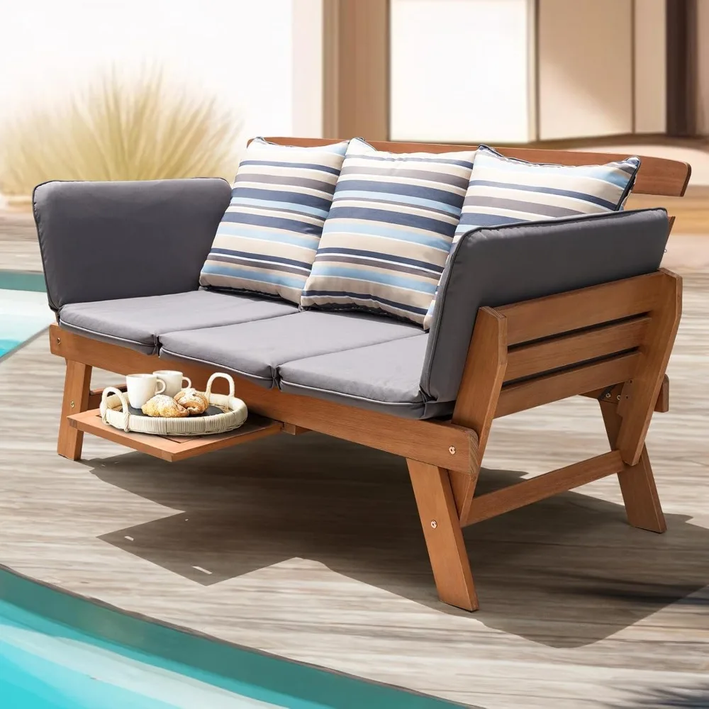 Umwandelbares Outdoor-Sofa, Terrassencouch mit 750 Pfund Kapazität, klappbarer Armlehne und Kaffeetablett, FSC-zertifiziertes Holzmöbel-Set