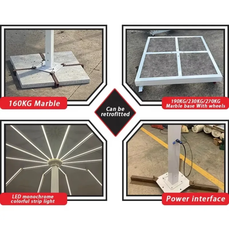 ร่มเชิงพาณิชย์แบบมีมอเตอร์พร้อมไฟ LED |   โพลีเอสเตอร์ 280 กรัม, ป้องกันรังสียูวี UPF50+