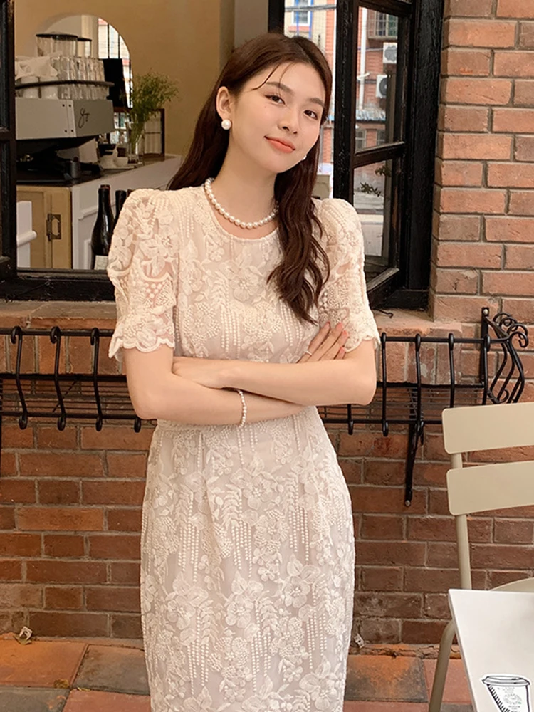 Elegant Kawaii ชุดยาวผู้หญิงสวย Retro SHEER ลูกไม้เย็บปักถักร้อยแขนฟองผ้าพันคอ MIDI Robe วันที่ Vestidos วันหยุดเสื้อผ้า