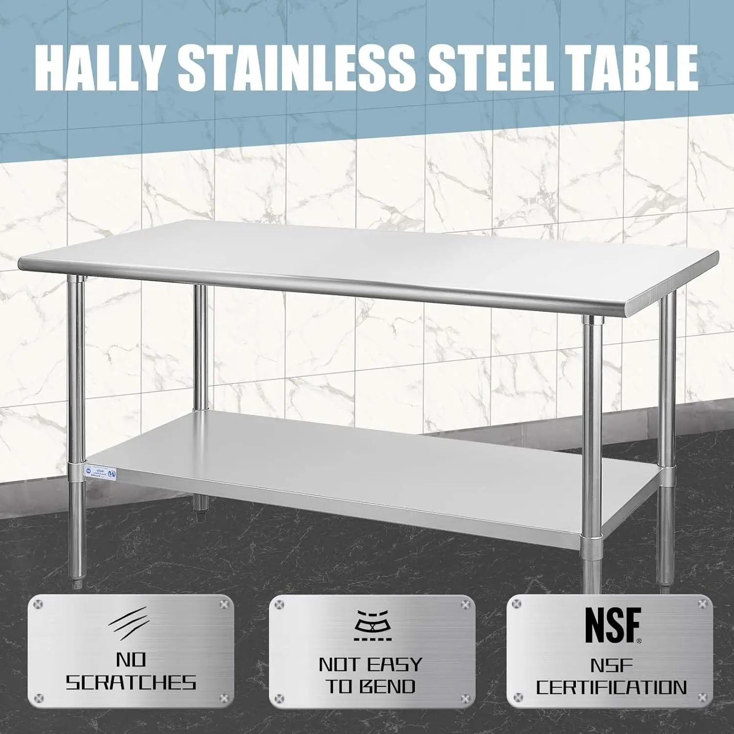 Steel Table for Prep & Work 30 x 60 Inches, NSF Commercial Heavy Duty Table with  Galvanized Legs