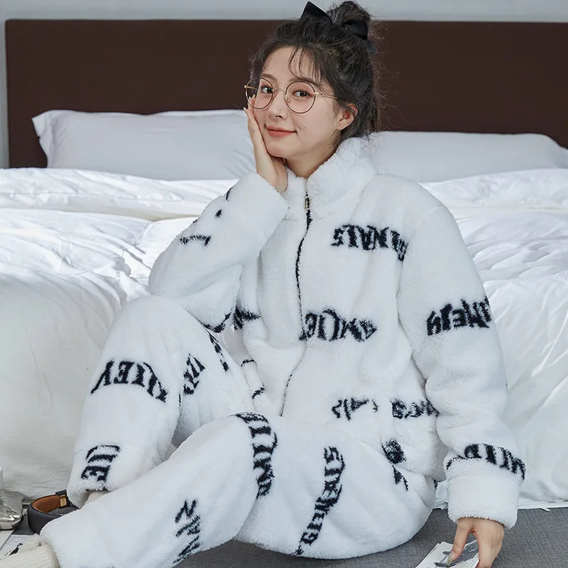 Women\'s Pajamas Set Autumn and Winter Flannel Thickened Standing Neck Zipper Coral Plush Sleepwear Home Wear Suit Pyjama Femme