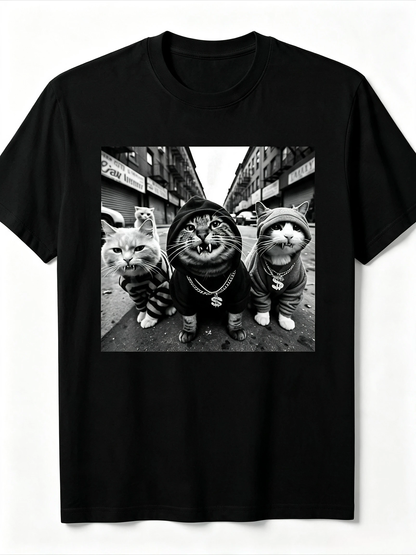 Retro Urban Cats in Hoodies T-shirt Men Women Cool Feline Group Meme Printed Tee Loose Daily Trendy Street Tops