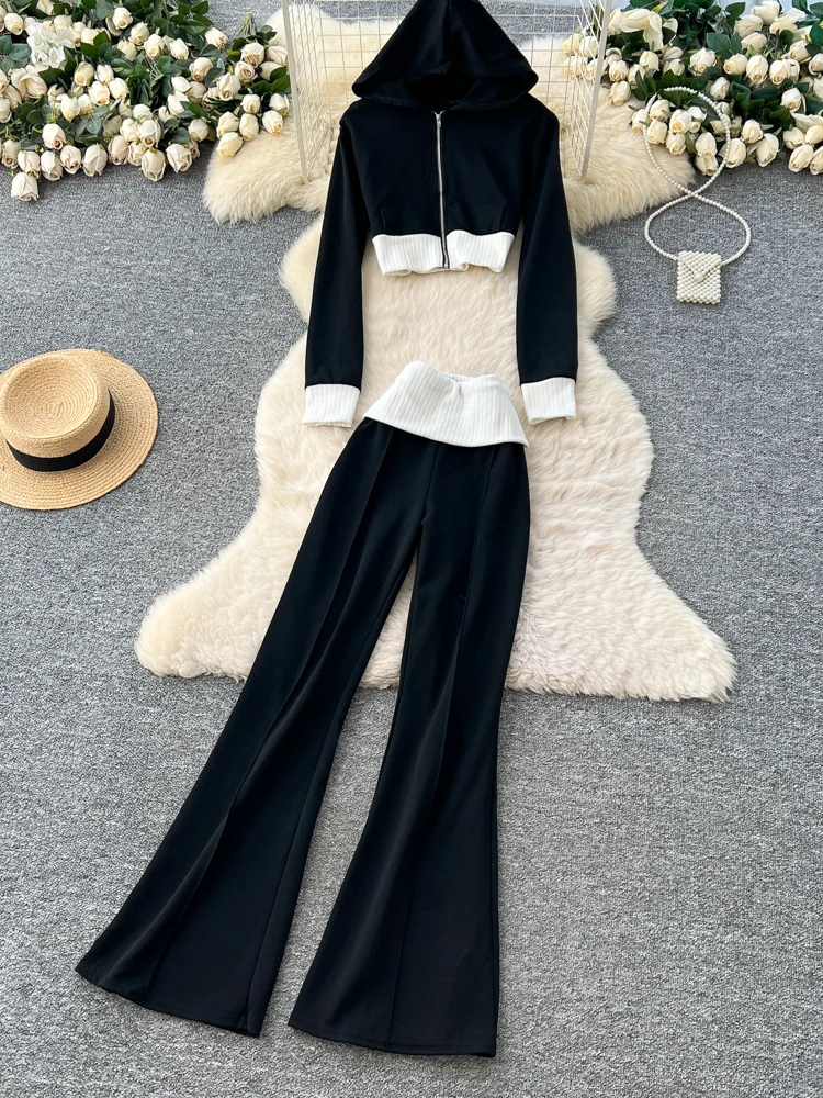 

Fall Casual Spor Women's Knitted Hat Sweatirt ort Sve Long Sve High Waist Bell Bot Two Piece Set Faionable