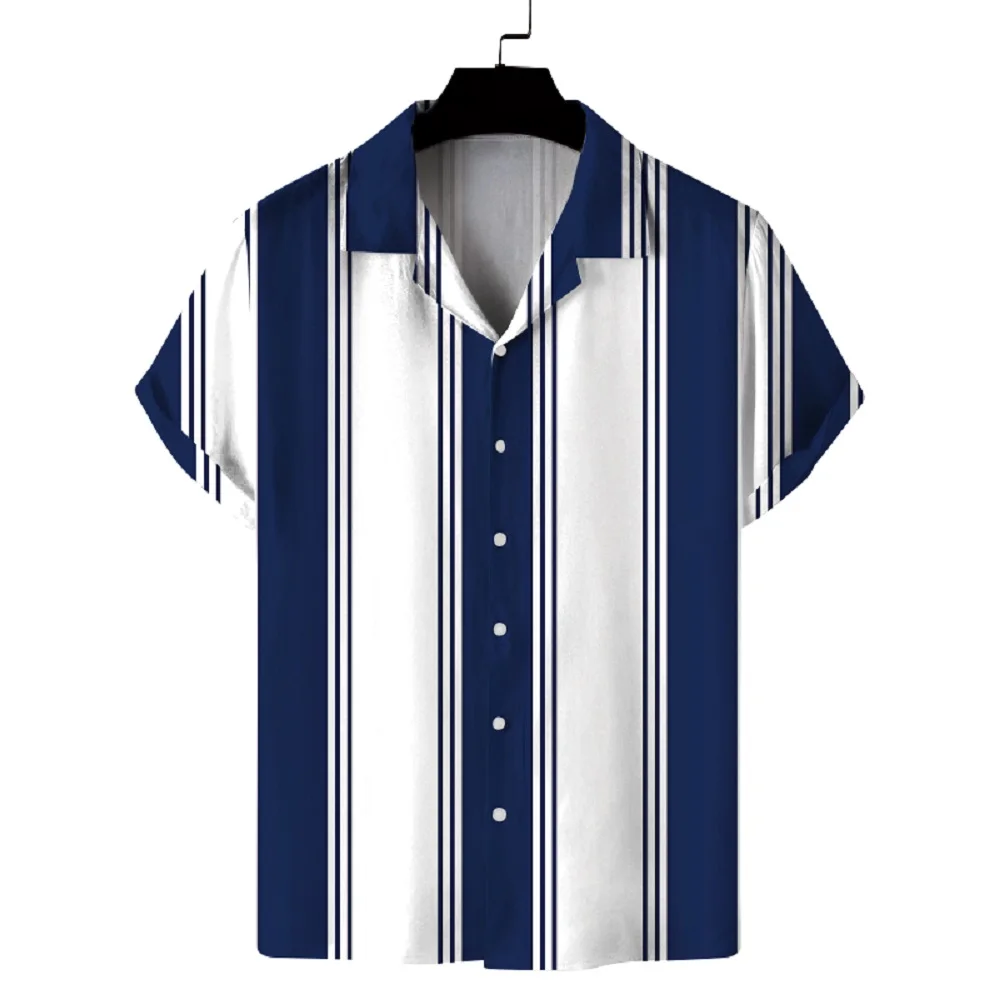 Men's striped short-sleeved lapel shirt, fashionable and personalized Hawaiian shirt, all-match men's tops for summer