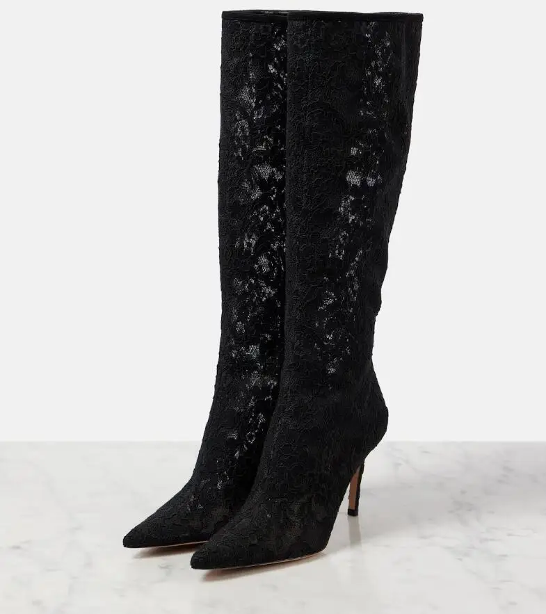 

90 Mm Heeled Black Lace Knee-High Boots Pointed Toe Women's Knee High Boot Translucent Stiletto Heel See Through Long Boot