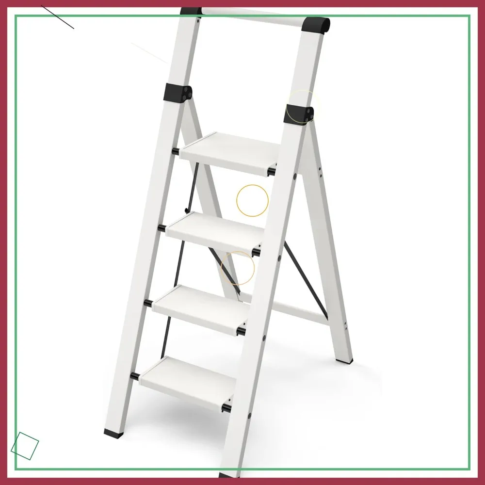 

Lightweight 4 Step Ladder, 330lbs Capacity Anti-Slip Folding Step Stool with Handgrip for Home, Office, Kitchen - White