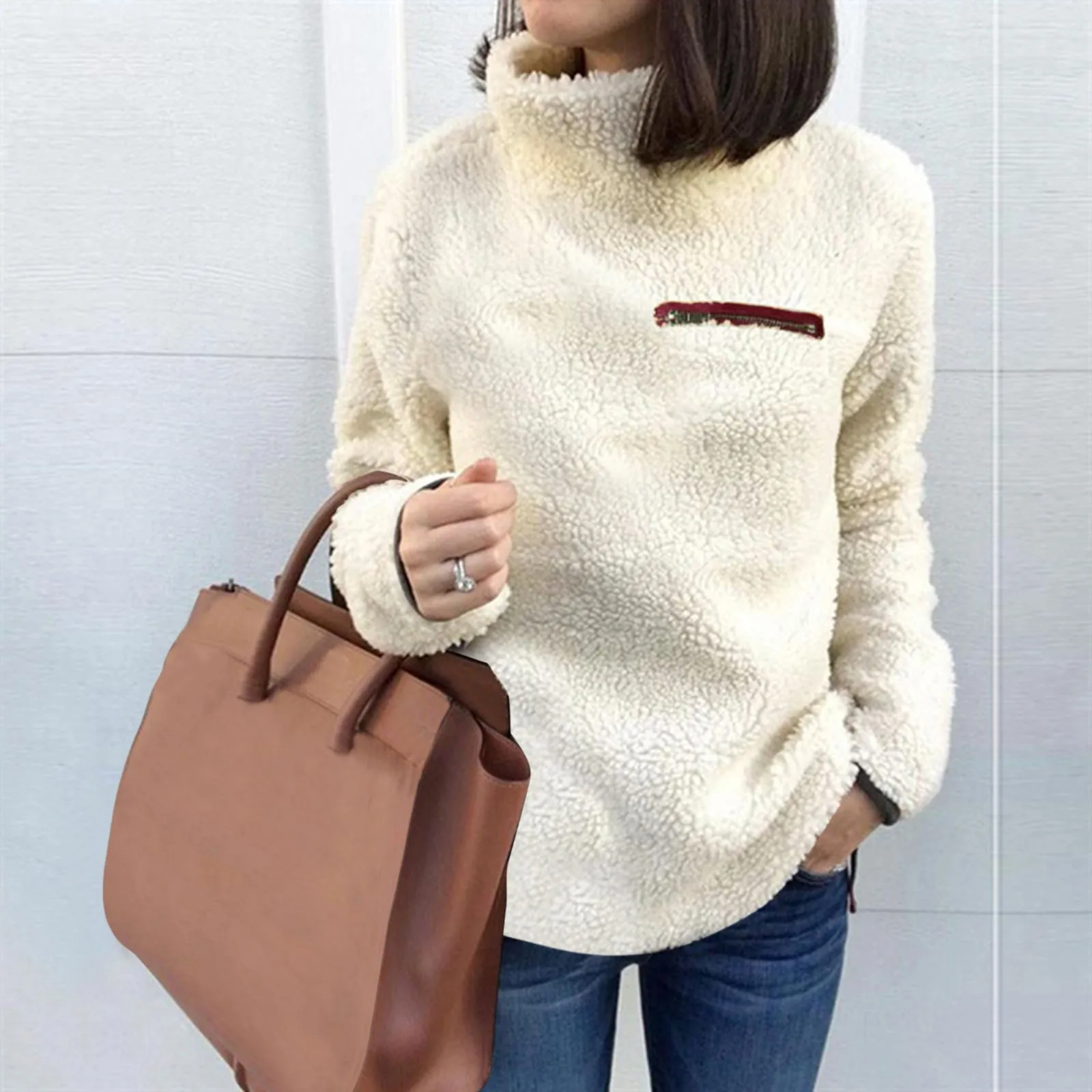 Women Solid Zipper Sweatshirt Turtleneck Warm Soft Blouse Fleece Casual Fashion Short Set Women Womens Side Zip Sweater