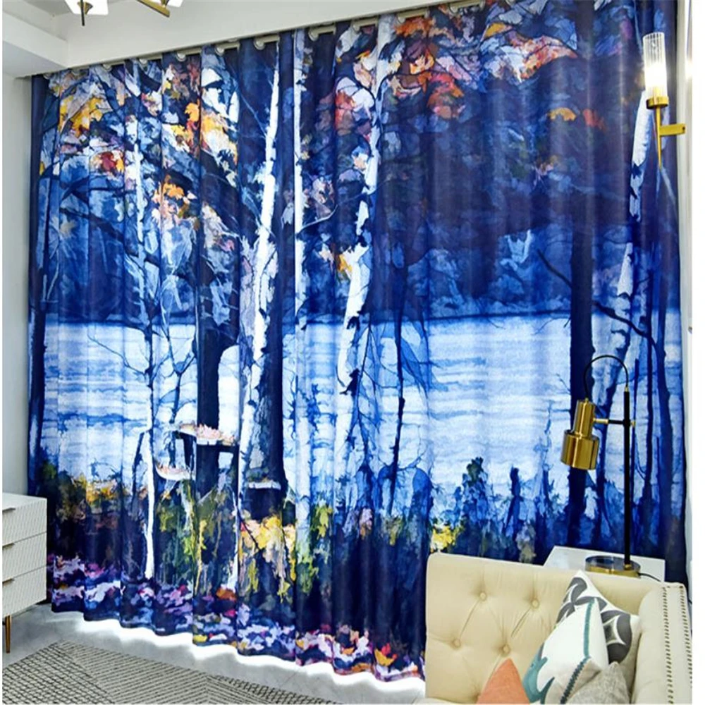 blue forest oil painting curtains personality bay window French window thickened blackout curtains