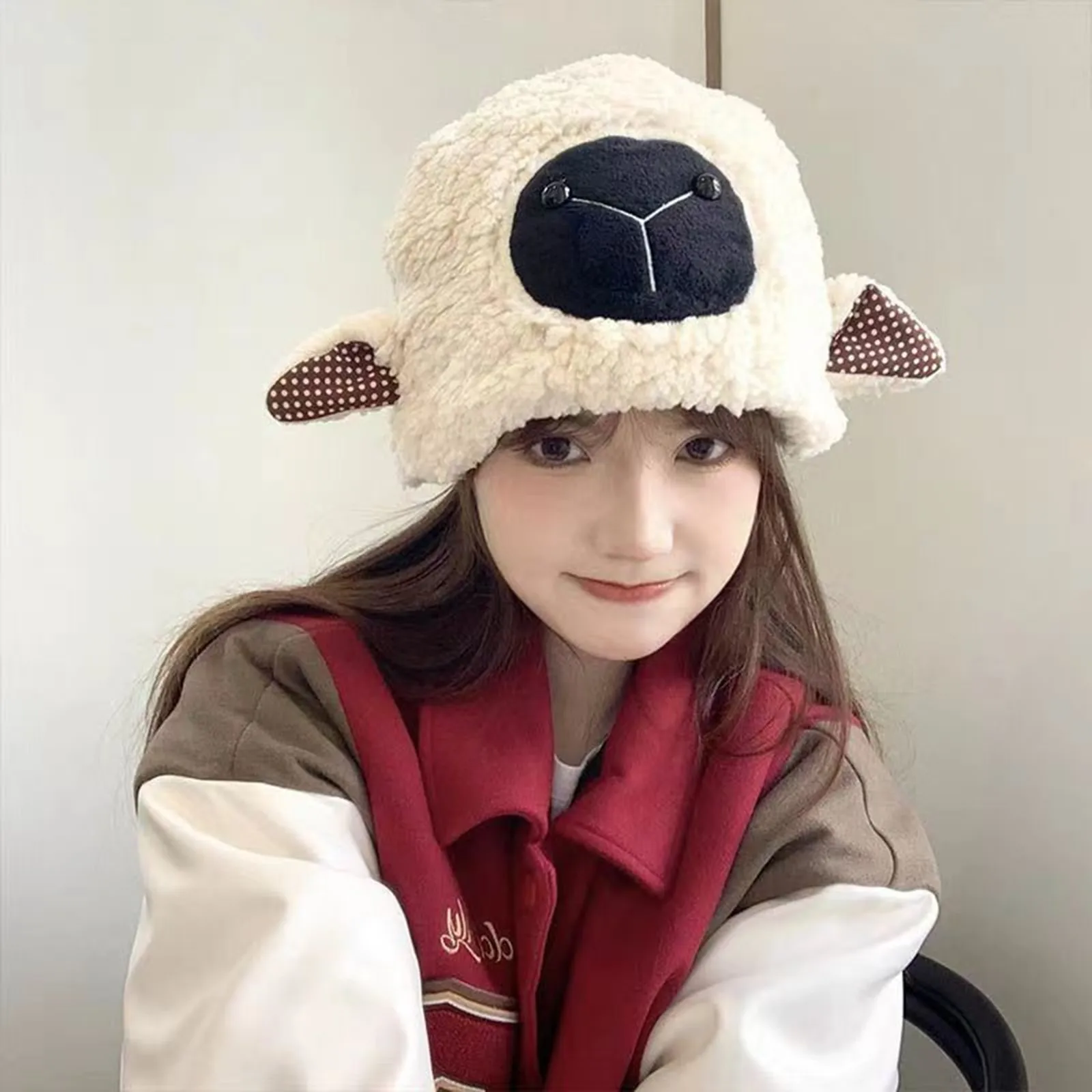 Y2K Beanie for Women Girls Winter Japanese Sweet Cute Ears Little Sheep Hat Plush Thickened fleece Warm Lamb Wool Pullover Cap