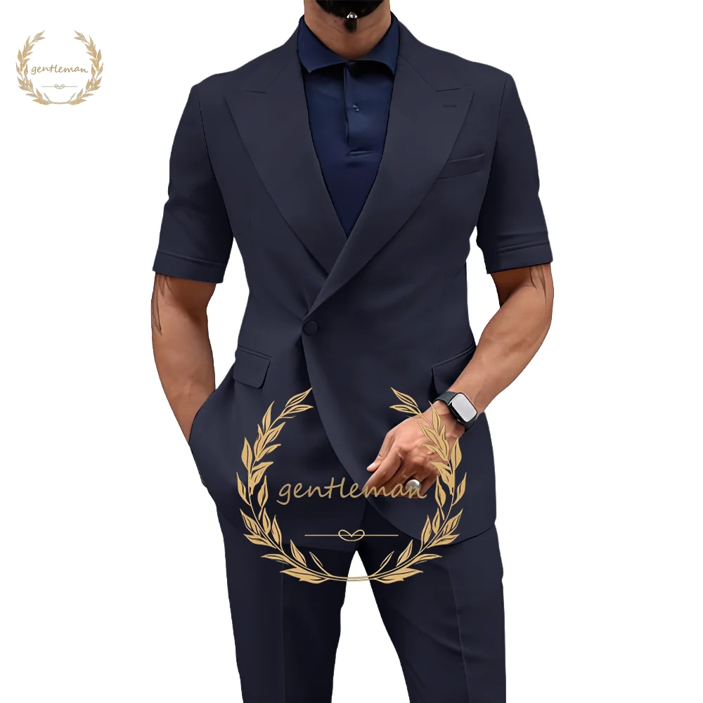 Men's Single Button Suit Pants Set, Short Sleeve Blazer and Pants, Custom Wedding Party Dress, Summer Fashion, 2 Piece Set