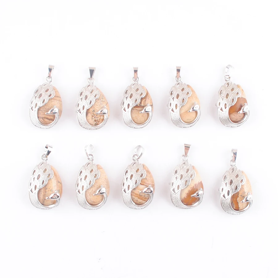 

New Arrivals Natural Owyhee Picture Gem Stone Pendant Peacock Shaped Amulet Charm Lucky Jewelry 10Pcs AN4356