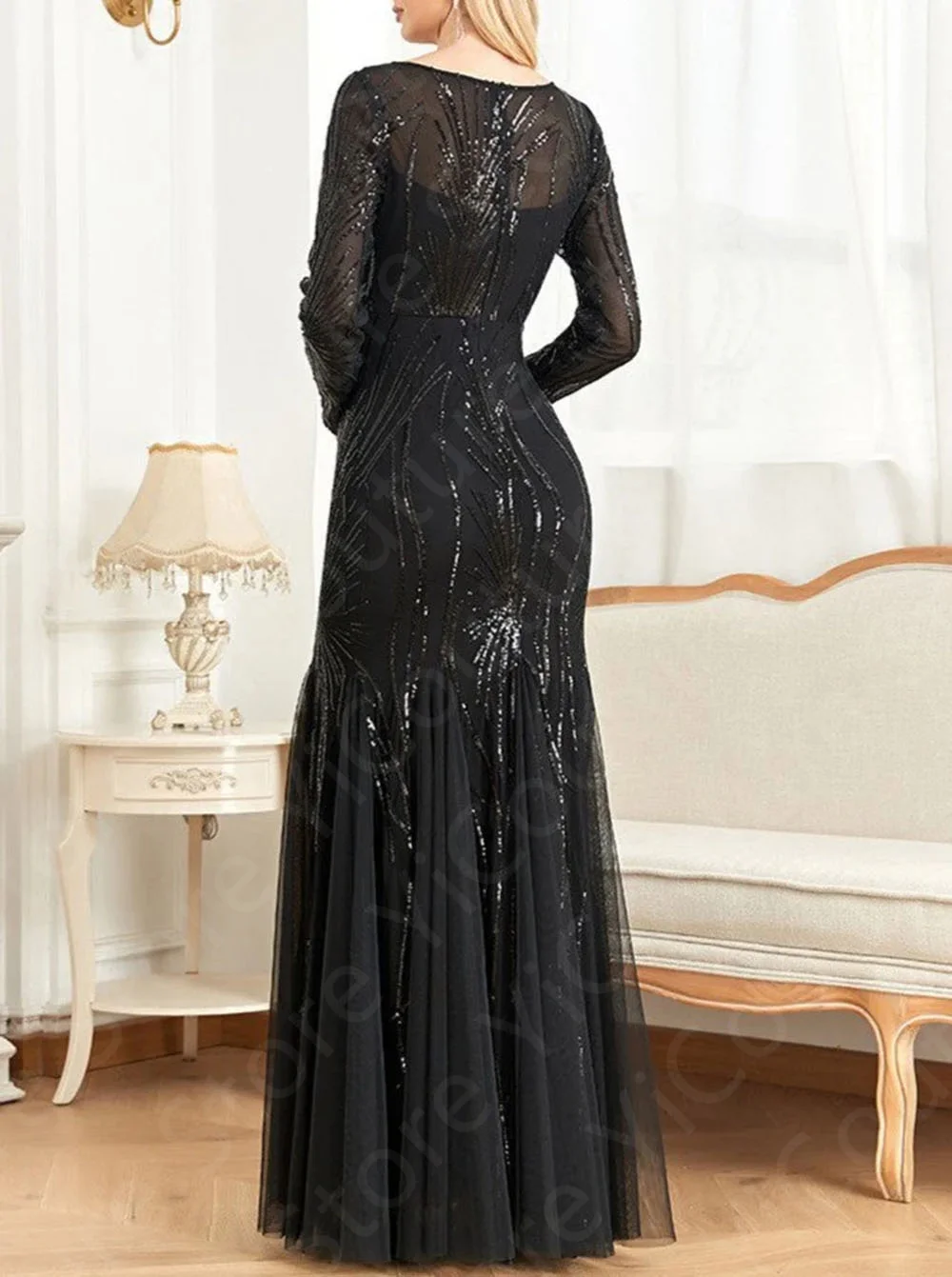 فساتين سهرة أنيقة مخصصة باللون الأزرق الملكي حورية البحر فساتين حفلات بأكمام طويلة متألقة لحفلات الزفاف خط عنق الوهم #5