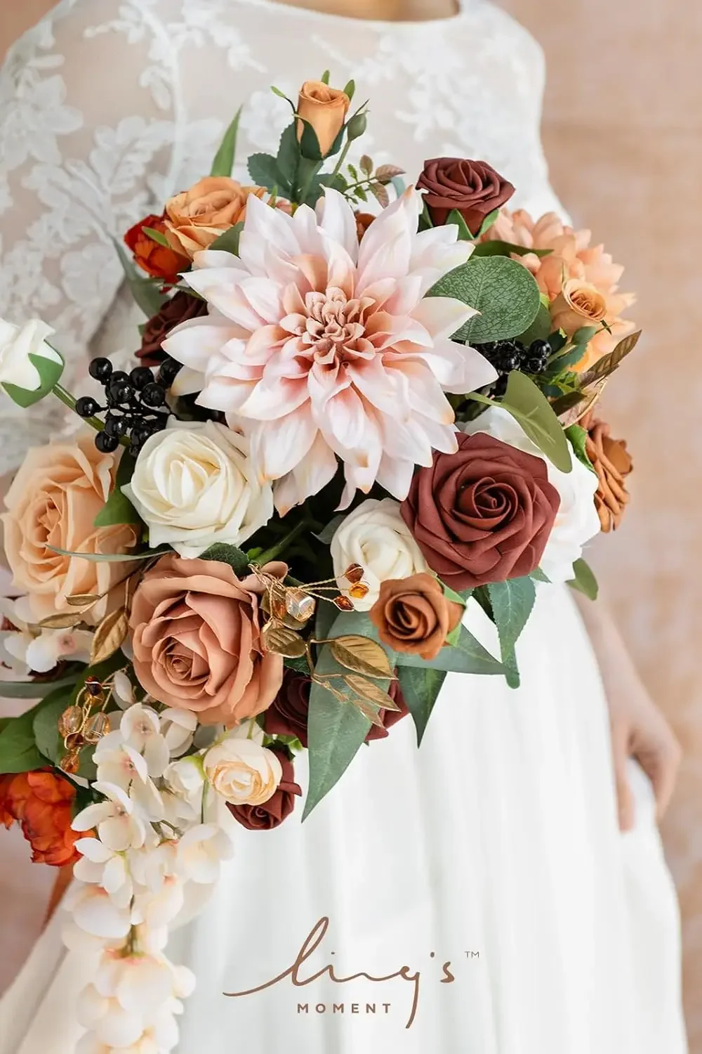 Buquê de noiva de terracota em cascata, buquês de casamento laranja, buquês de noiva de 13 polegadas para buquês de flores artificiais de casamento