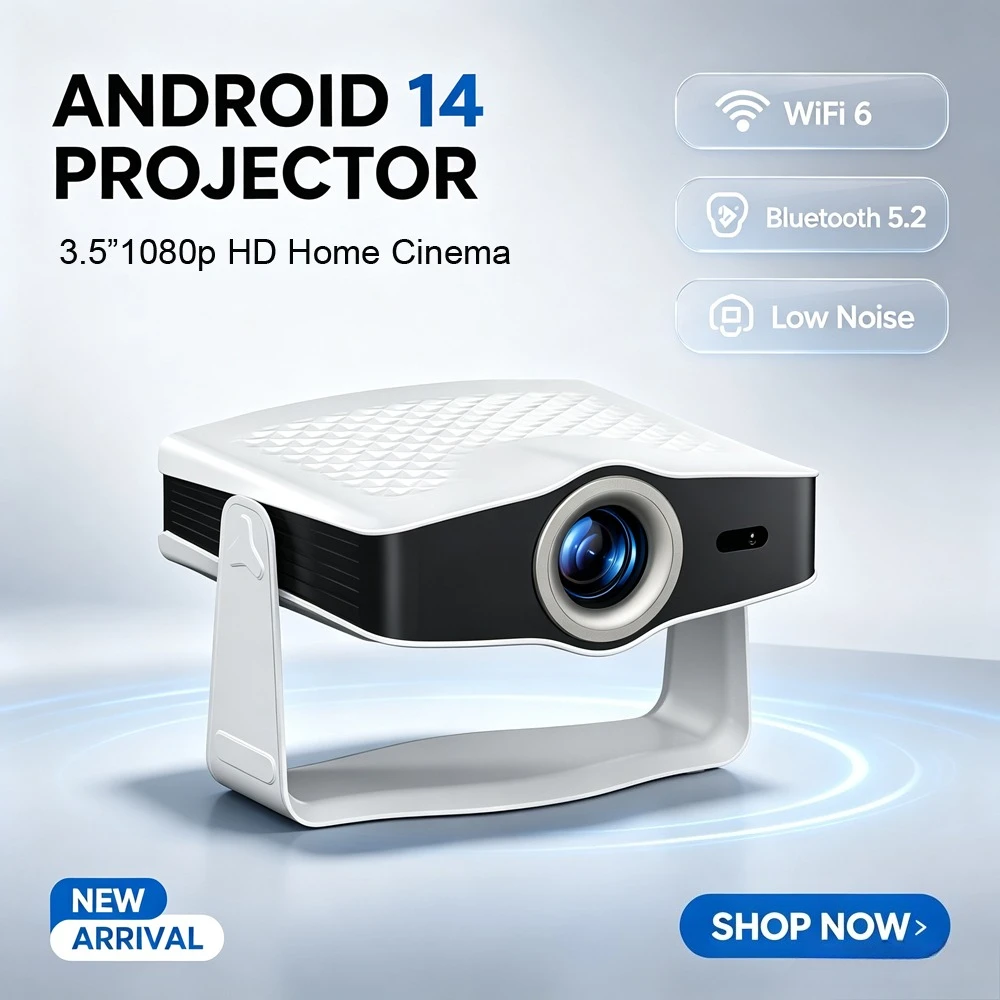 LCD Projector Native 1080P 500Lm Android 14.0 Auto Focus Auto Keystone Dual Band WiFi Bluetooth 5.0 Home Theater Video Projector