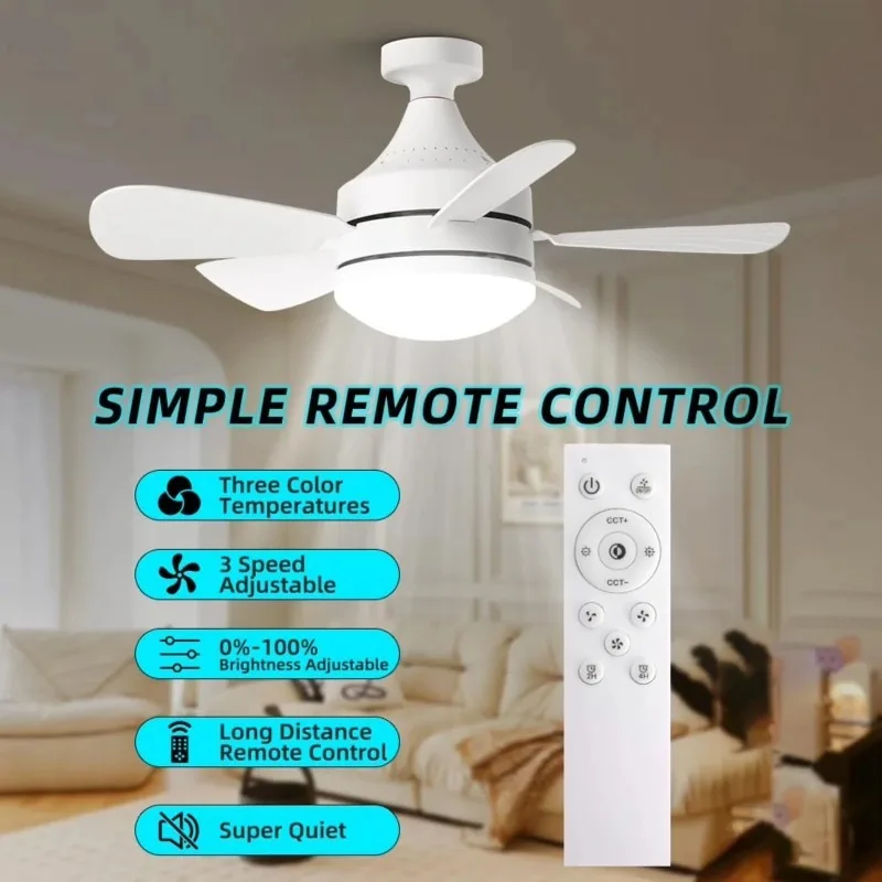 E27  18inch LED Ceiling Fan Light 5 Blades 3 Adjustable Wind Speed Remote Control Dimmable Ceiling Fan Light Mute Electric Fan