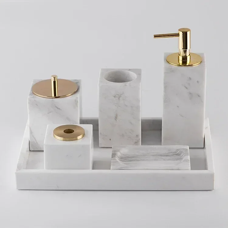 Luxury customized 5-star hotel natural marble bathroom accessory set