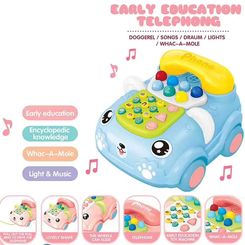 Children's Cute Music Telephone Baby 0-3 Years Old Multifunctional Toddler Pull String Puzzle Early Education Telephone Toys