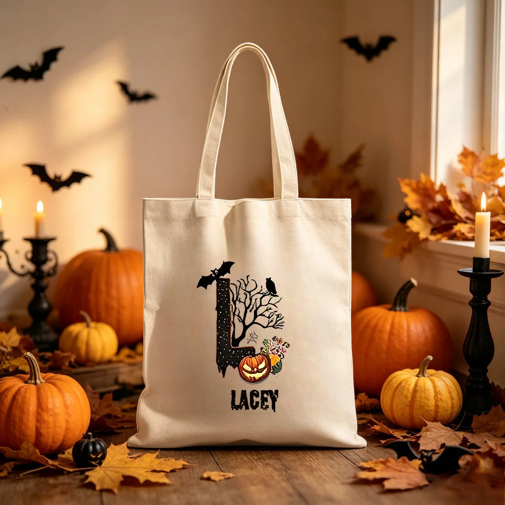 Custom Halloween Spooky Tree Initial Canvas Tote Bag, Personalized Name Trick Or Treat Bag, Pumpkin Reusable Canvas Shoulder Bag