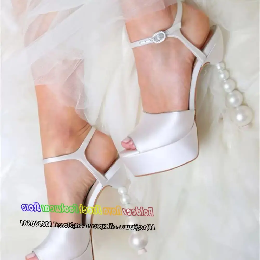 2026 New Satin Thin Heel Platform Women's Shoes Rhinestone Pearl Straight Buckle Strap Elegant Banquet Dress Roman Sandals