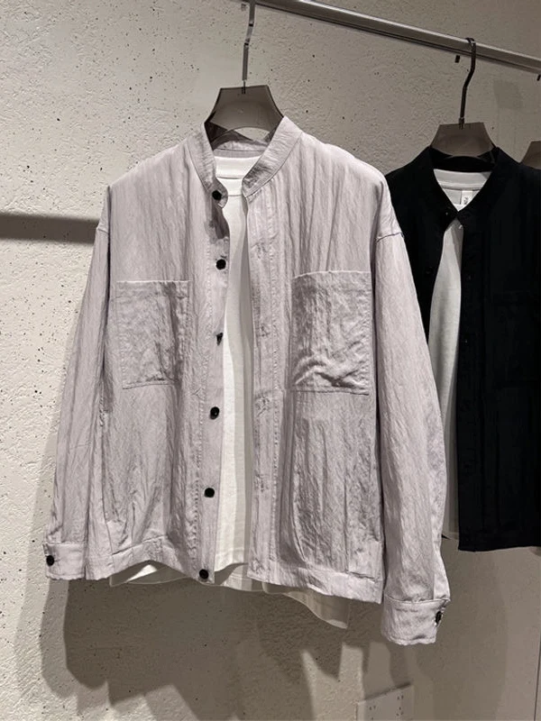 

Sle New Chinese irt Men's Outerwear Folded Texture Small Collar ket irt Jaet Loose Fit Button Decoration