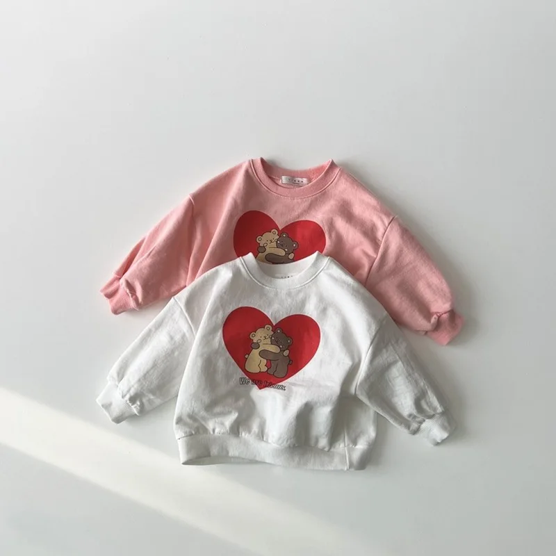 

2025 Autumn New Children Long Sleeve Sweatshirt Cartoon Print Girls Heart Pullover Cotton Baby Loose Tops Kids Casual Clothes
