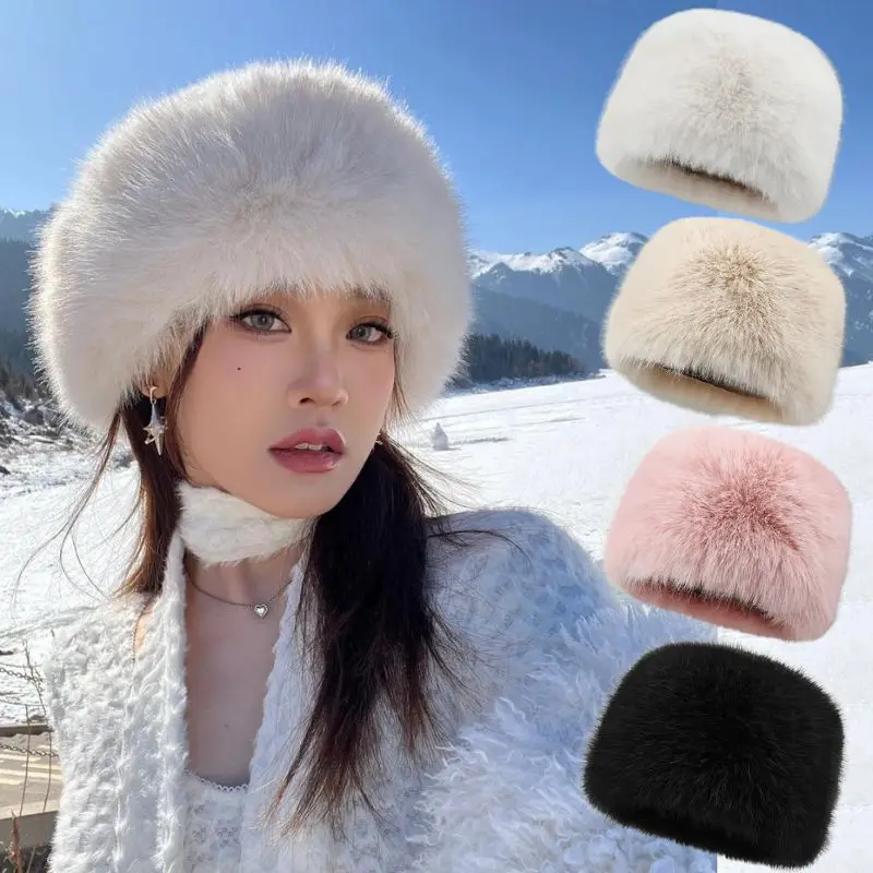

Winter Thicken Plush Warm Fur Hat Fluffy Imitation Fur Russian Cap Thick Bucket Hat For Women Fashion Outdoor Skiing Beanies Cap