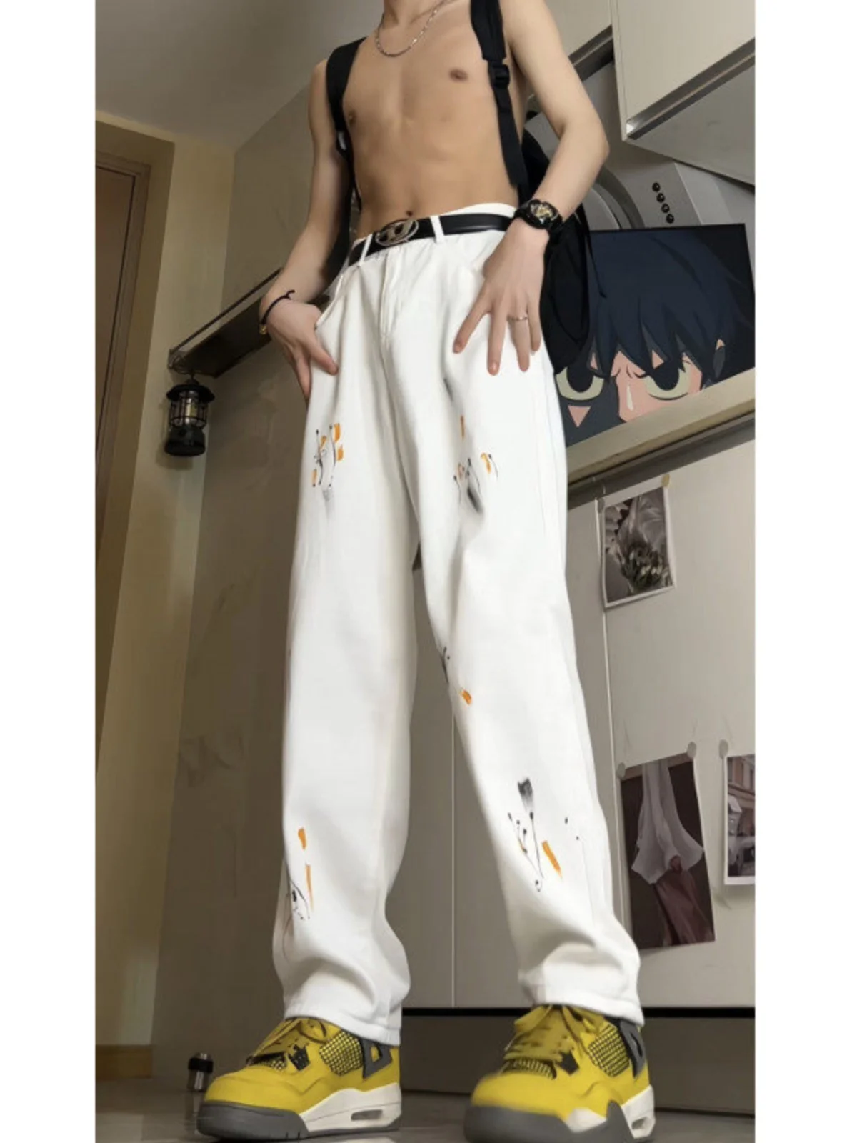 

Белые джинсы-стрейч для мужчин, летние, тонкие, прямые, модные, уличный стиль, низкая посадка, на молнии, свободный крой, охлаждающий эффект