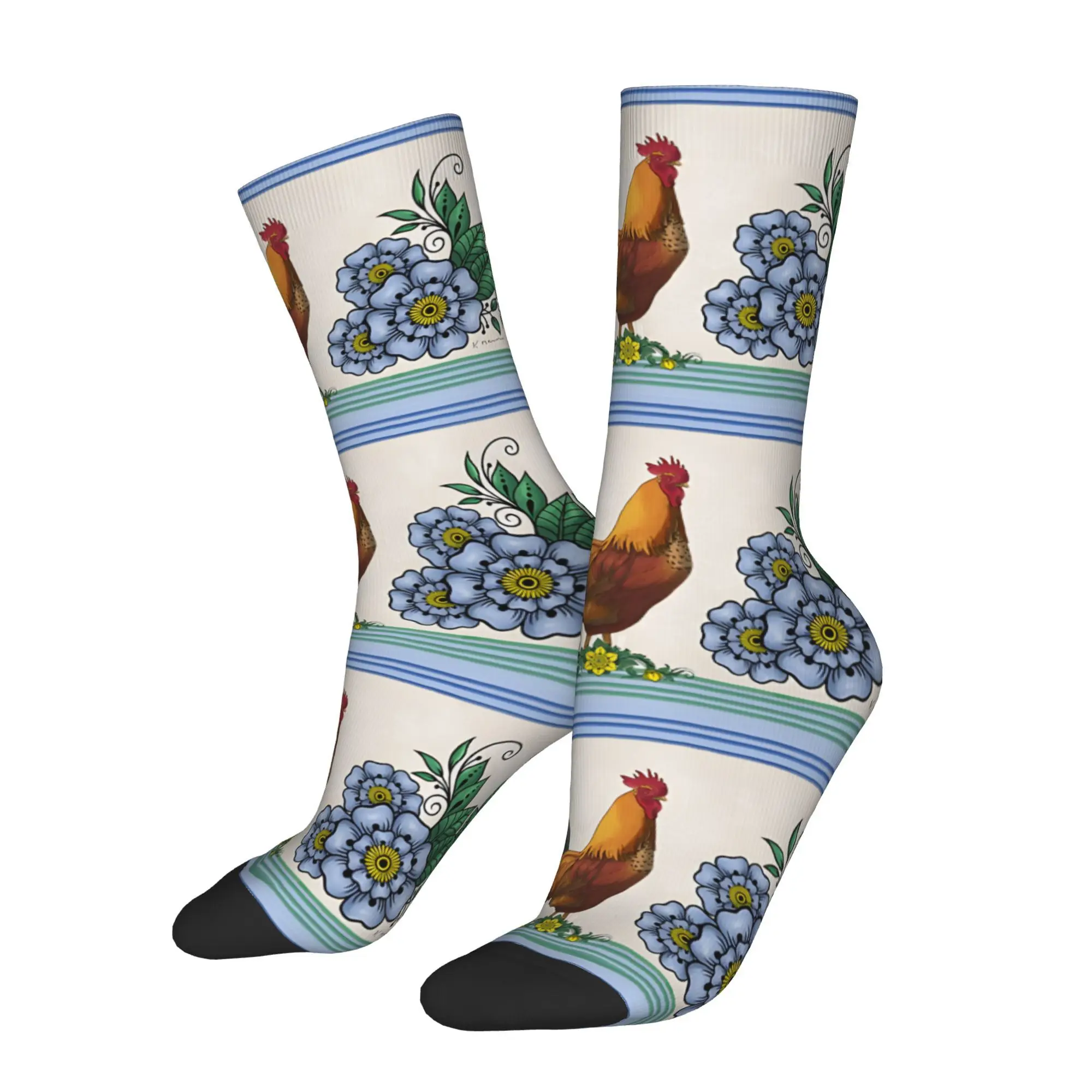 

Funny Sock for Men Rooster With Blue Flowers Hip Hop Vintage Happy Quality Pattern Printed Crew Sock Seamless Gift