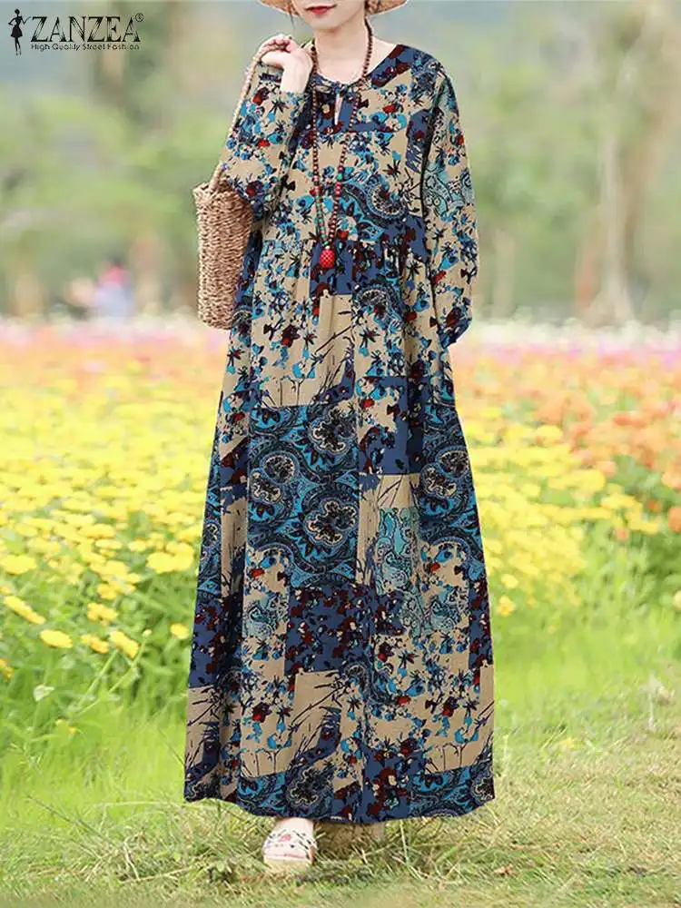 Women Autumn Floral Printed Sundress ZANZEA Bohemian Maxi Dress Robe Femme Stylish Long Sleeve Holiday Party Vestidos Sarafans
