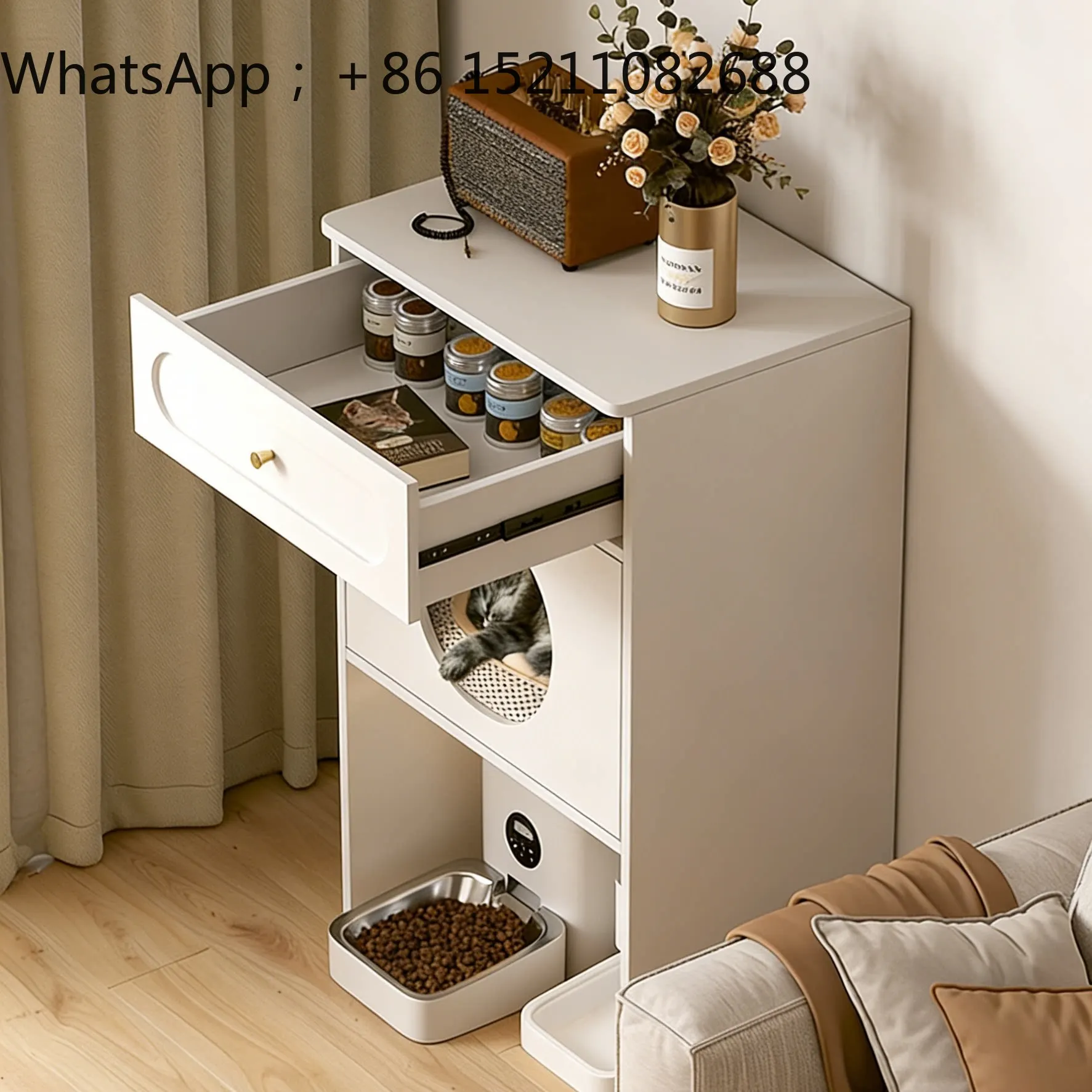 SCY solid wood cat litter rack, pet cat litter box, storage cabinet above, household balcony, dust-proof storage by the sofa