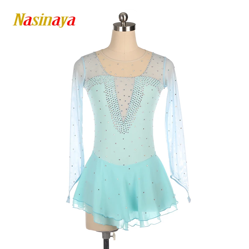 Nasinaya Figure Skating Dress Ice Skating Skirt for Girl Women Kids Customized Competition Performance Light Blue Mesh Shiny