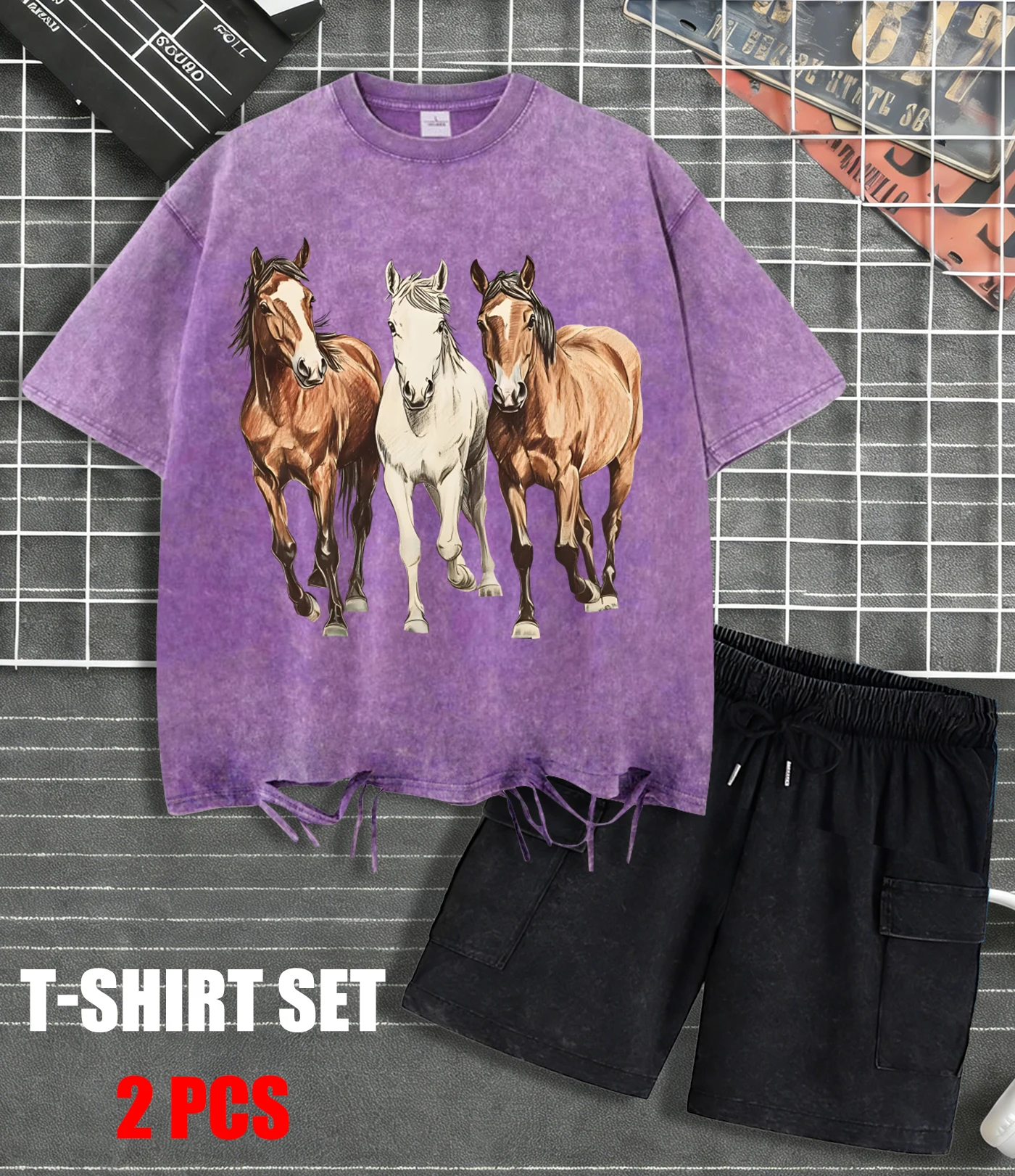 

The Horse Running Towards You Snow Wash T-Shirt Man Summer Washed Sportsuit Casual Loose Shorts Holes Cotton Unisex Clothing