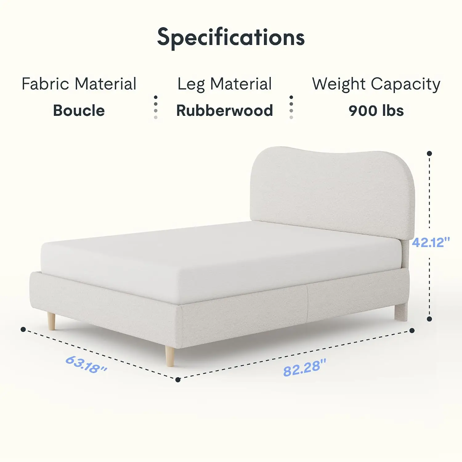 Queen Boucle Upholstered Bed Frame with USB Charging Station & LED Light, White, Customized
