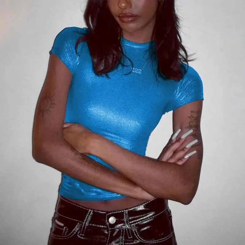 تي شيرت نسائي معدني ort Sve بقصة ضيقة مريح من ألياف البوليستر بدون علامة تجارية مسجلة خاصة Sle