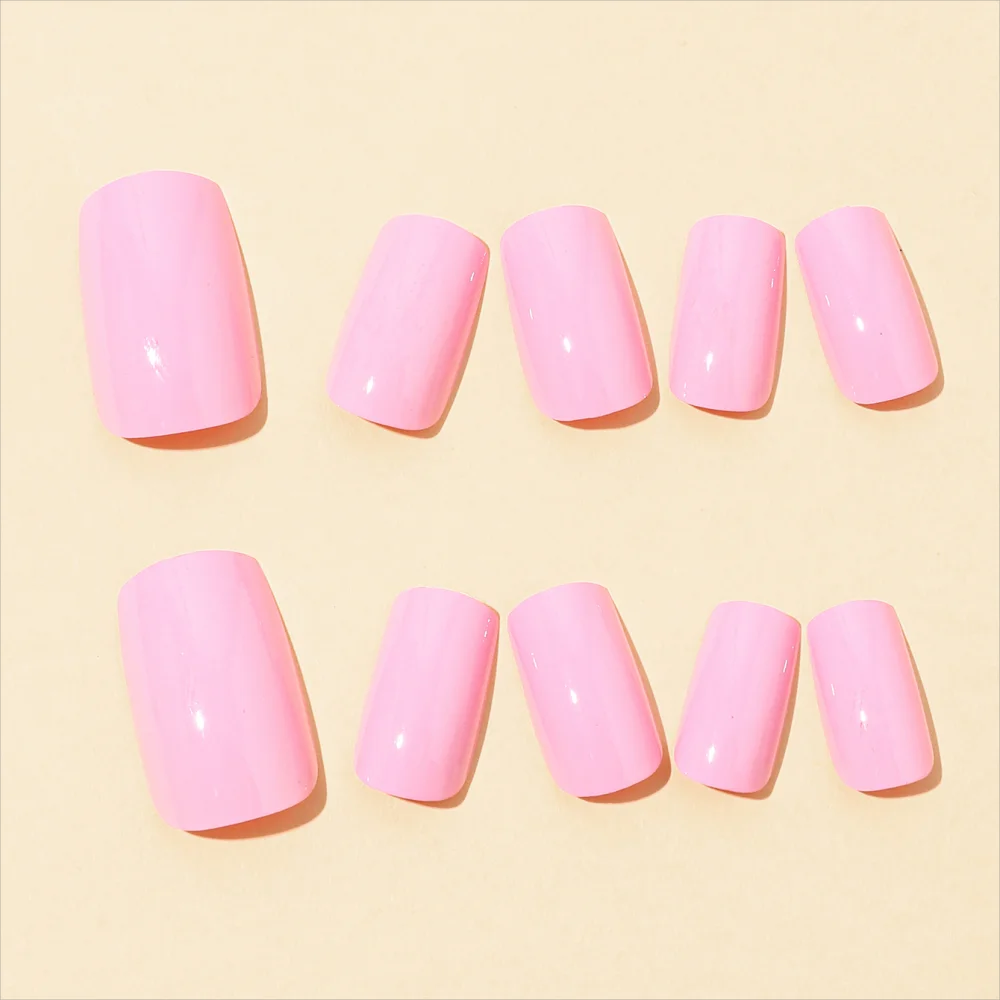 Conjunto de uñas postizas para mujer, Set de 24 piezas, Cuadrado corto, francés, rosa claro, superficie brillante, simplicidad de moda, cobertura completa, usable