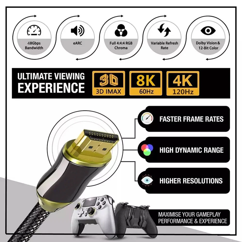HDMI-compatible 2.1 Cable 8K 60Hz 4K 120Hz for Xiaomi Mi Box 48Gbps 8K Digital Cables HDR eARC for PS5 PS4 Apple TV Projector