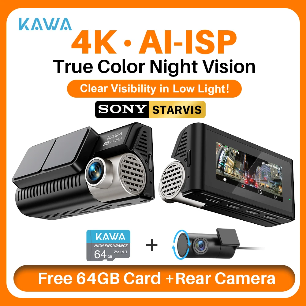 KAWA D11 Front and Rear Dash Cam 4K WiFi Car DVR GPS Video Recorder AI-ISP Color Night Vision, Sony Starvis AUTO Dual Dashcam