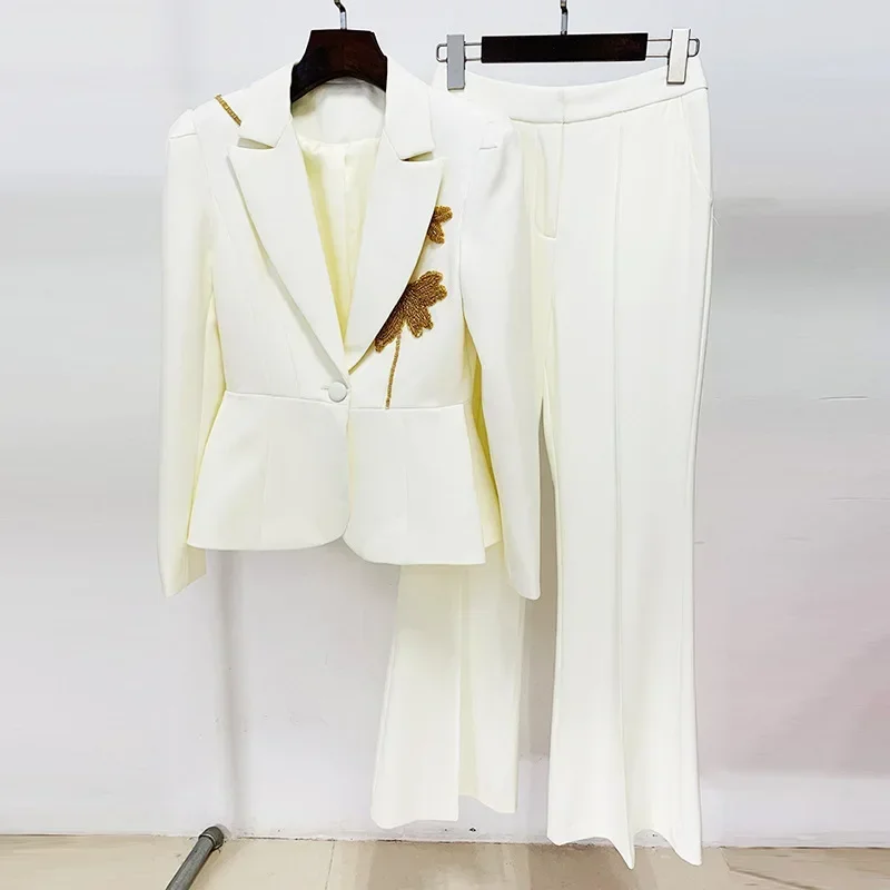 Ensemble 2 pièces blazer et pantalon pour femme, blanc, élégant, bureau, affaires, travail, mariage, smokings, manteau, robe de Rh, femme, printemps