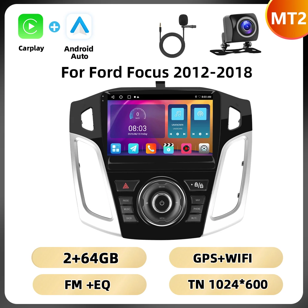 Podofo 2Din 8 + 128G Autoradio Voor Ford Focus 2012-2018 Multimedia Speler AI Voice WIFI 4G Carplay Android Auto USB Spiegel Link