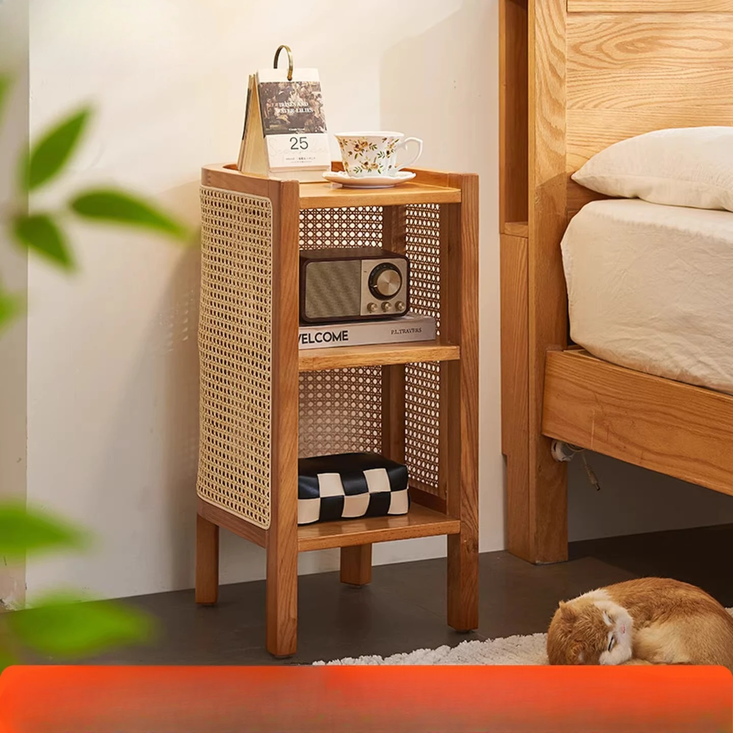 Solid wood rattan bedside table Japanese-style small side cabinet, simple Nordic wabi wind sofa side few small storage cabinets