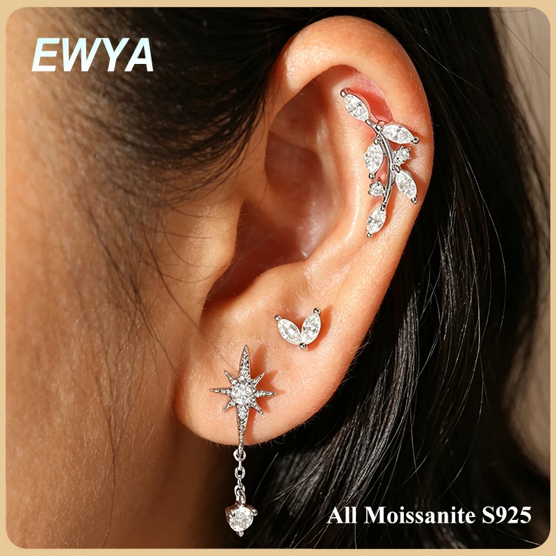 EWYA All Moissanite S925 Sterling Silver Ear Cuff Shiny Lab Diamond Stackable Clip Earrings Women Men Ladies Daily Party Jewelry
