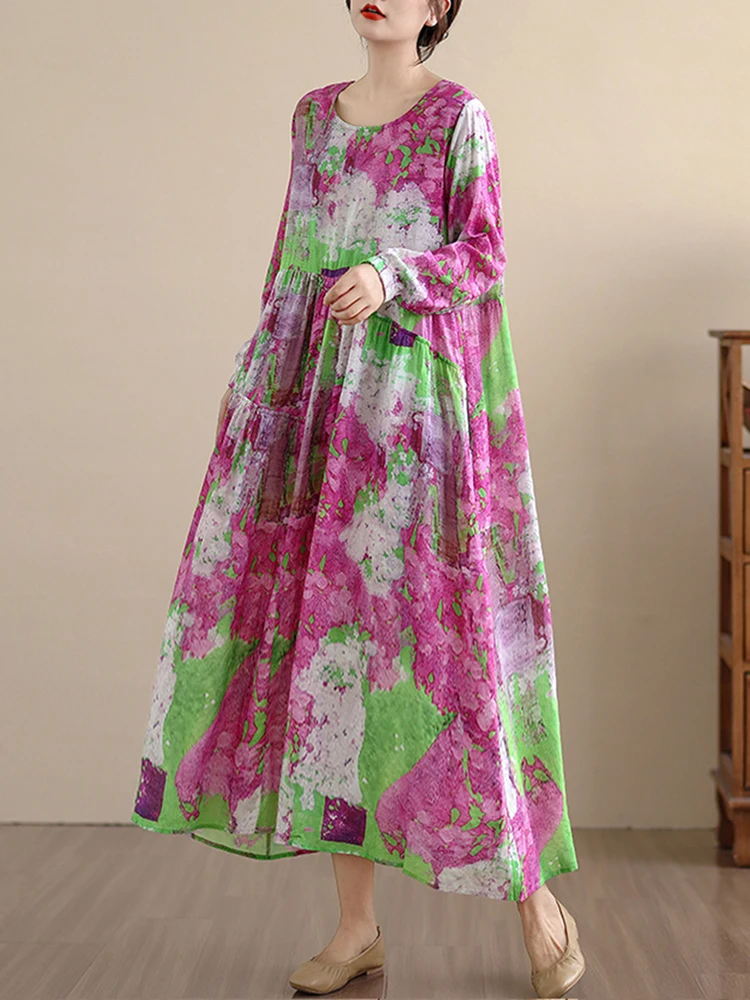 2025 봄 가을 신상 긴팔 면 플로럴 프린트 빈티지 여성용 드레스 캐주얼 루즈핏 미디 드레스 여성 우아한 의류