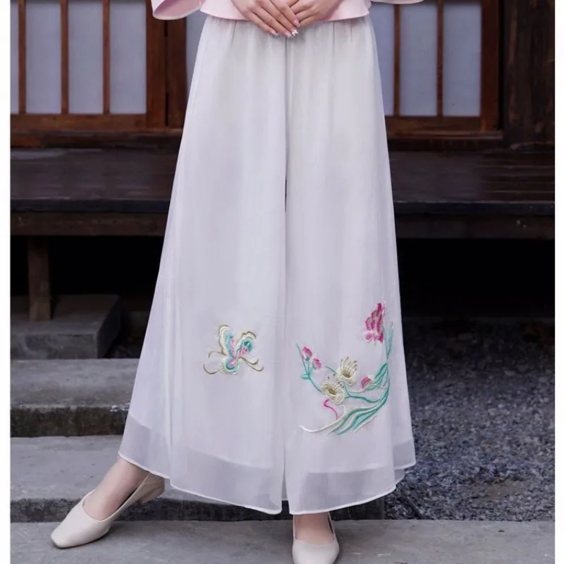 New Chinese Double Layer Guofeng Pants Wide Leg Pants Summer Thin Embroidered Chiffon Wide Leg Pants