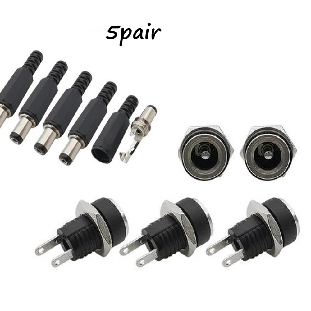 5 Pair DC Connector 5.5x2.1mm DC Power Barrels Plug Male Female Jack Nut Panel Mount DC Power Adapter Connector 5.5*2.1